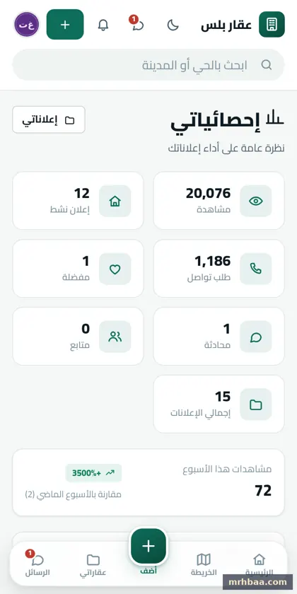 إحصائياتي في حساب المعلن — لقطة من عقار بلس على الجوال