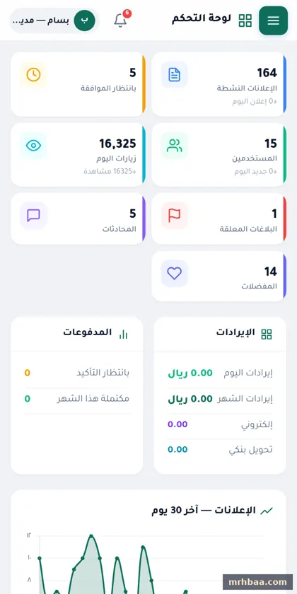 لوحة القيادة في لوحة التحكم — لقطة من عقار بلس على الجوال