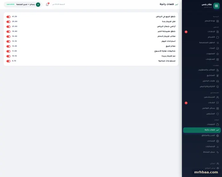 الرائج في لوحة التحكم — لقطة من عقار بلس على الحاسوب