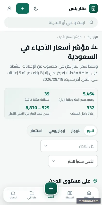 مؤشر الأسعار — مؤشر أسعار الأحياء والعائد الإيجاري في الموقع العقاري على الجوال
