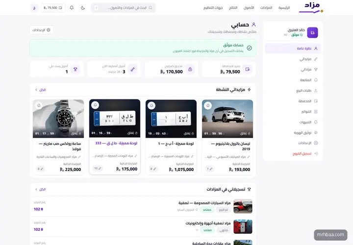 نظرة عامة على الحساب — النشاط والأصول والمزادات