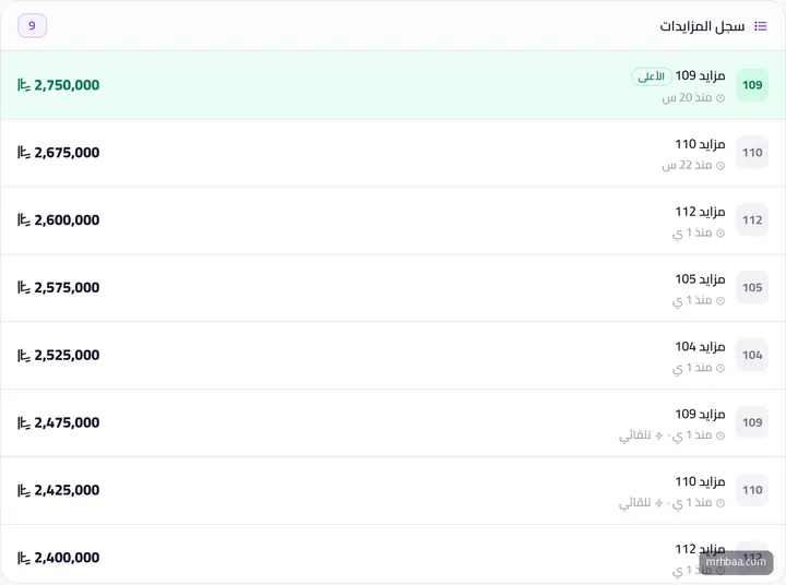 سجل المزايدات اللحظي — أرقام المزايدين أو أسماؤهم حسب الإعداد